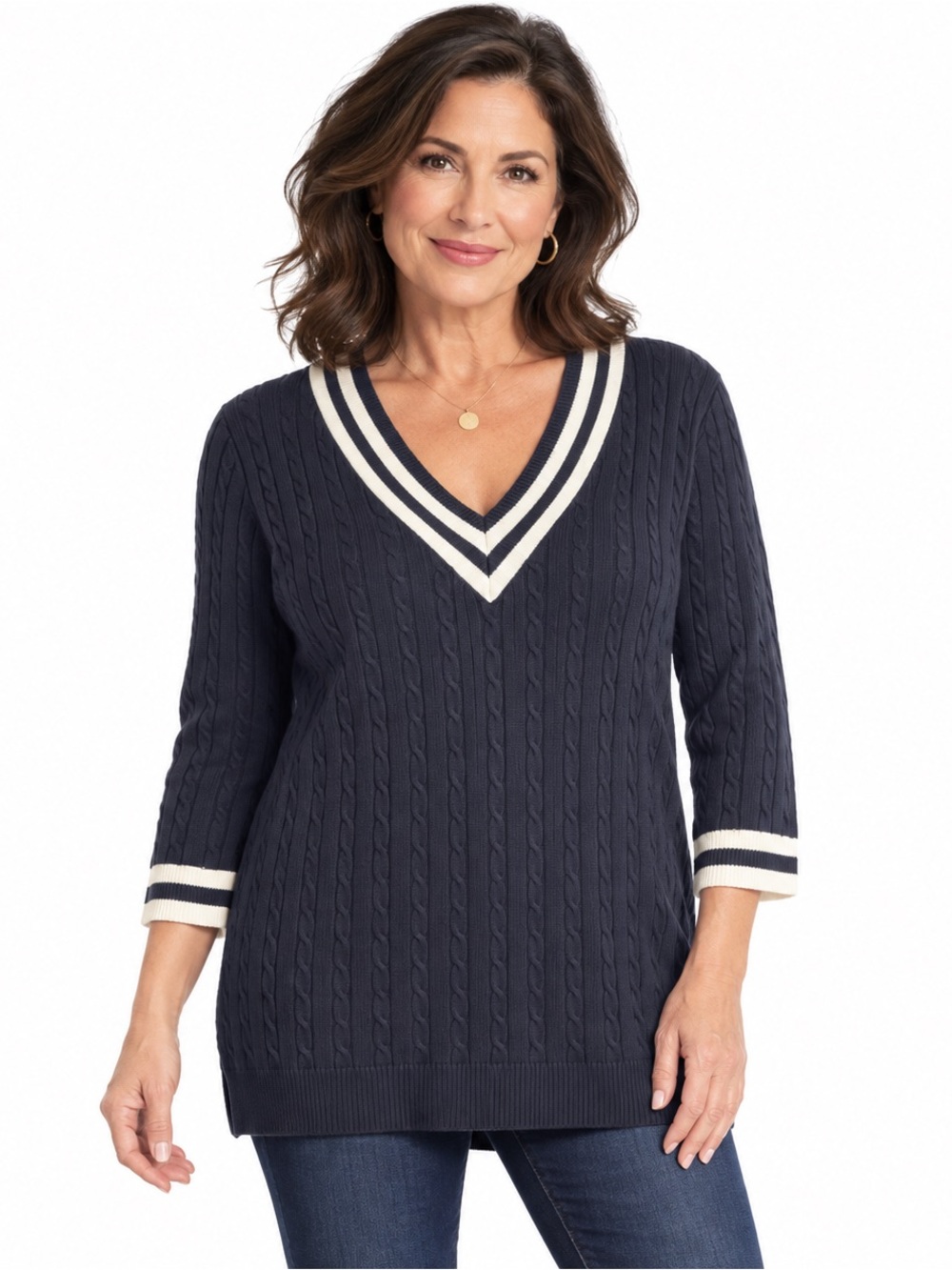Chaps Classics 1X Navy Blue Cable Knit Cricket Sweater V-Neck Stripe 100% Cotton